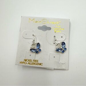 NWT Main Street Nickel Free Blue Rhinestone Butterfly Earrings Sensitive Ears